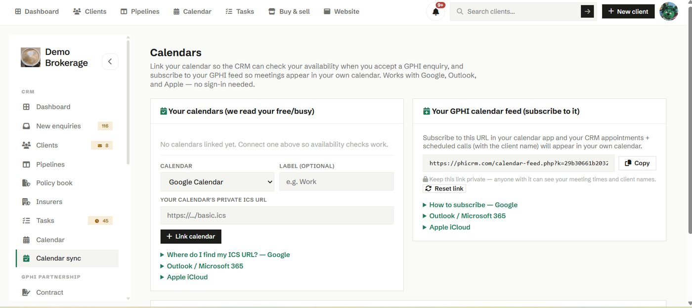 Calendar sync in Phi CRM