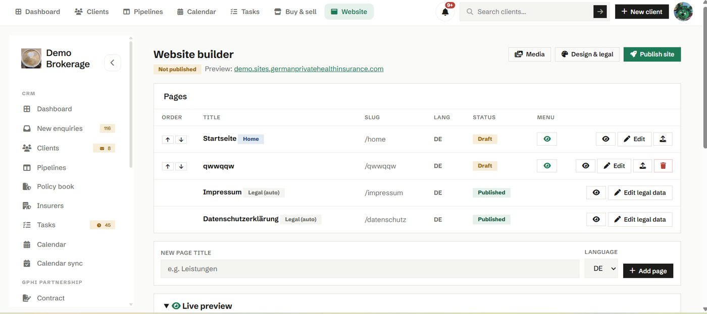 Website builder in Phi CRM